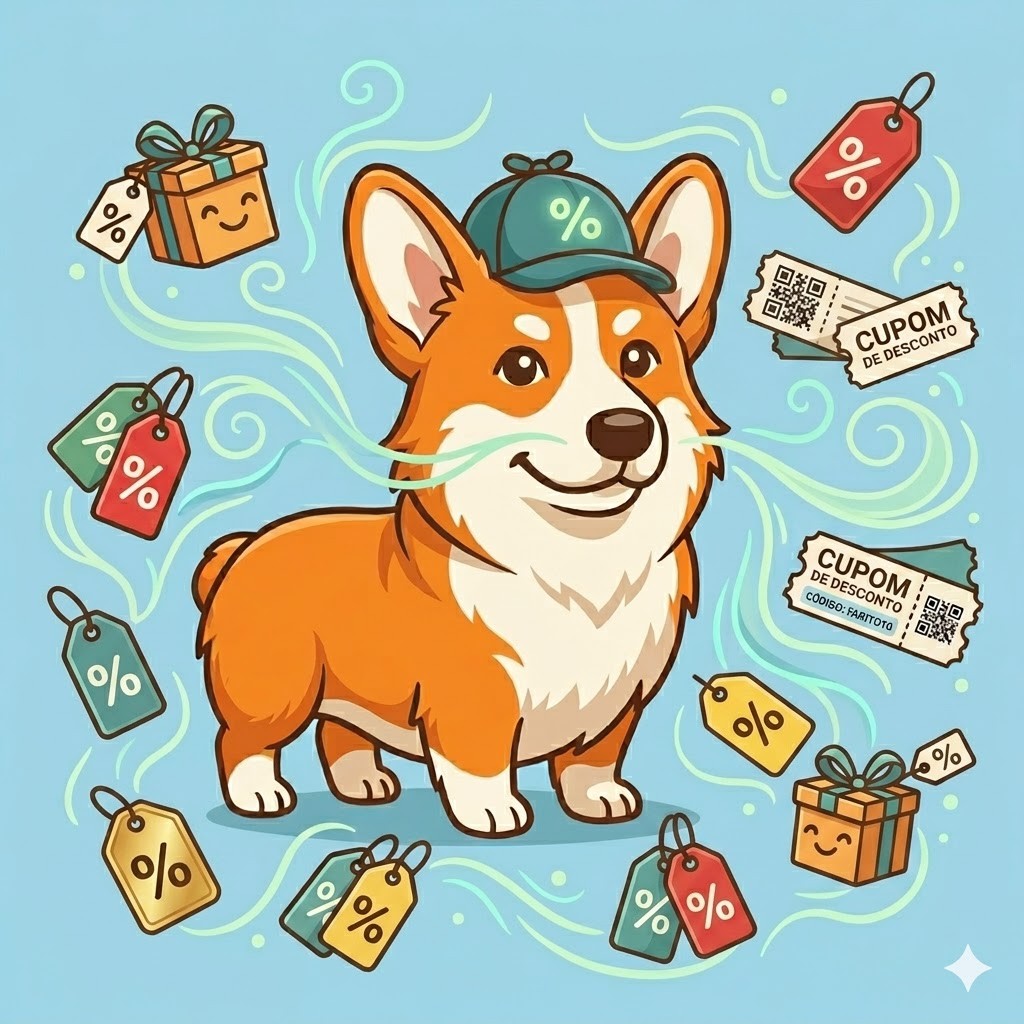 Ilustração do mascote Farito, inspirado no corgi Estevão: corgi com boné verde e símbolo de porcentagem, cercado por cupons e etiquetas de desconto.